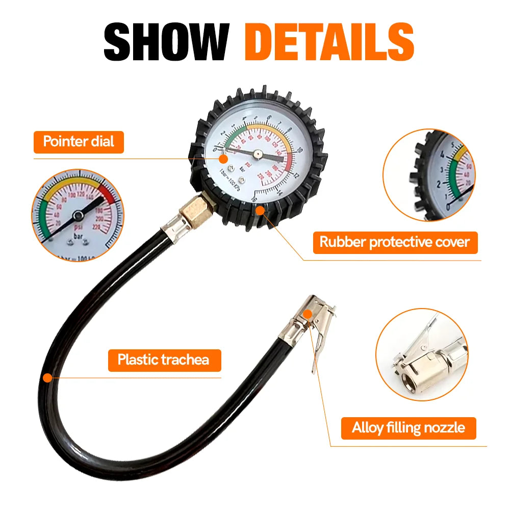 מד לחץ אוויר אנלוגי לצמיגים עם צינור – עד 220 PSI