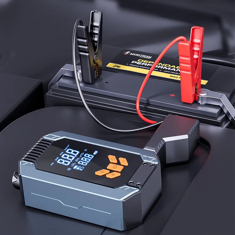 בוסטר התנעה 12V עם משאבת ניפוח ופנס – 4 ב־1