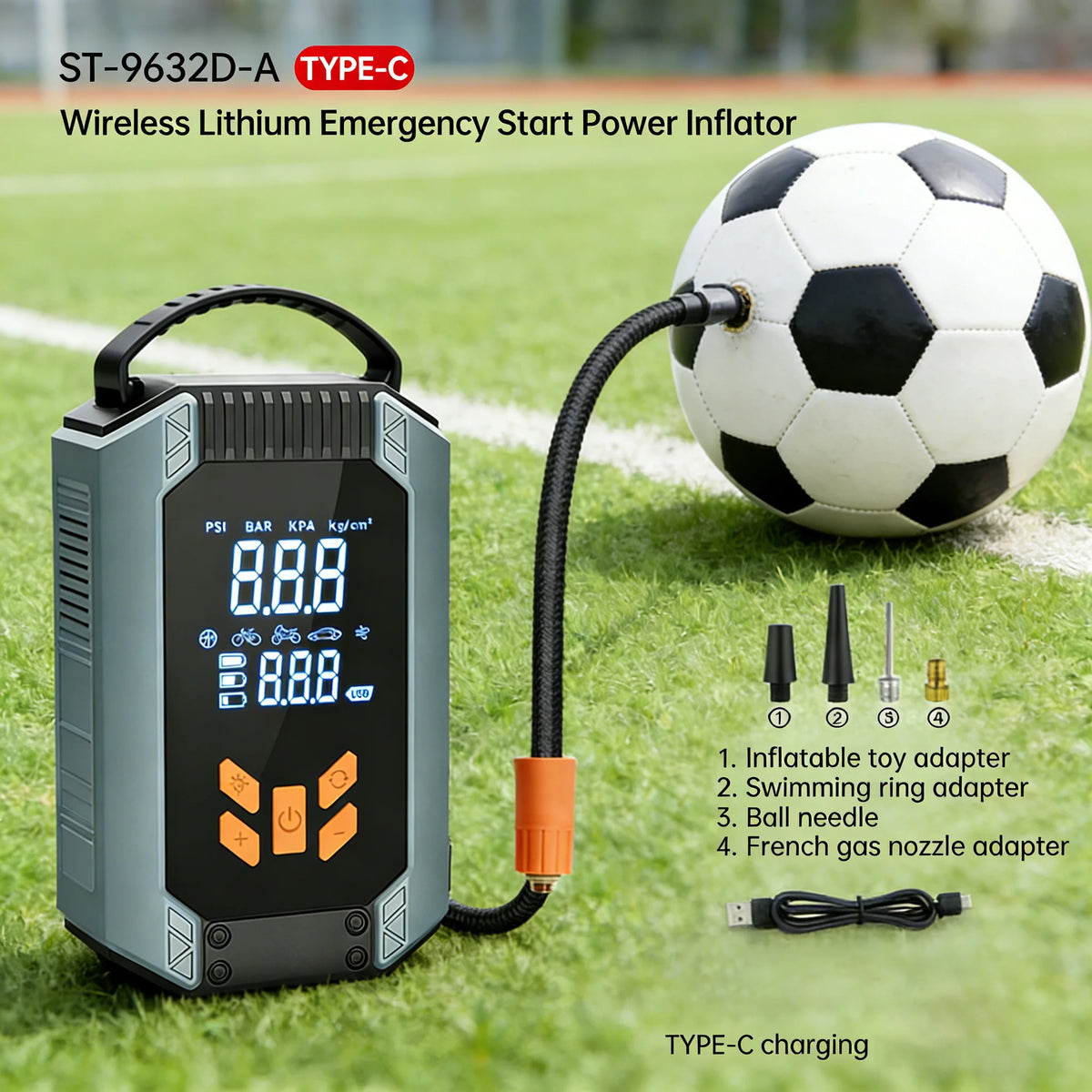 בוסטר התנעה 12V עם משאבת ניפוח ופנס – 4 ב־1