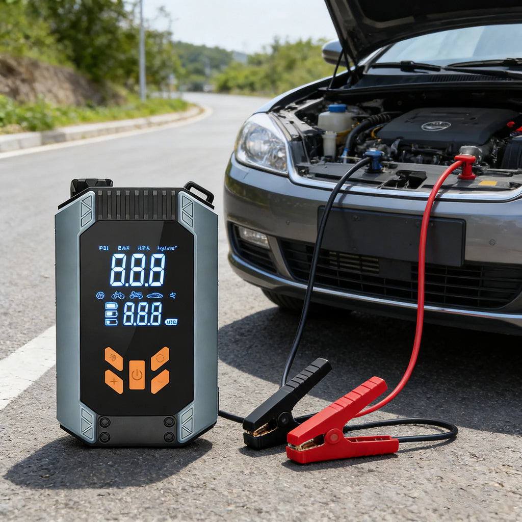 בוסטר התנעה 12V עם משאבת ניפוח ופנס – 4 ב־1