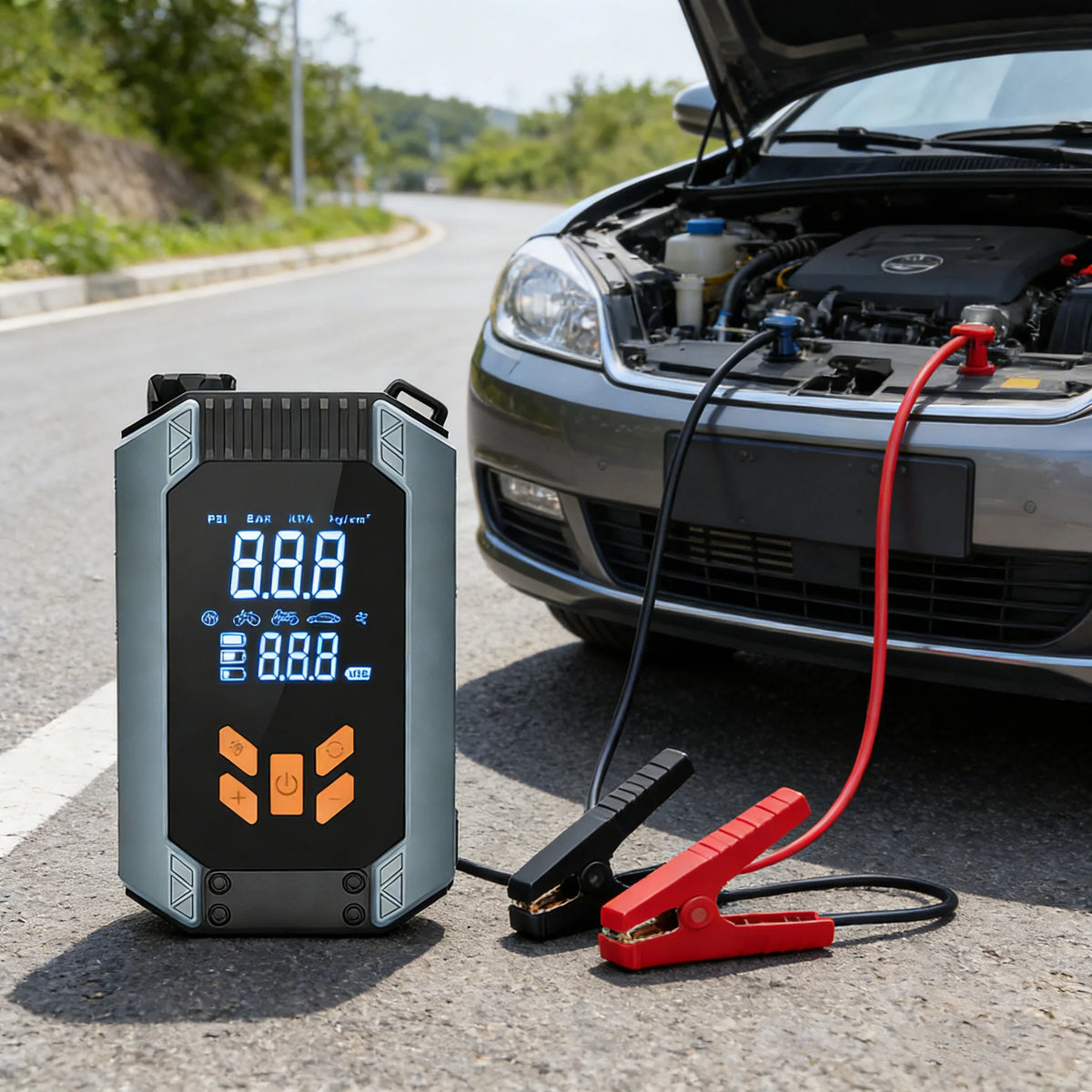 בוסטר התנעה 12V עם משאבת ניפוח ופנס – 4 ב־1