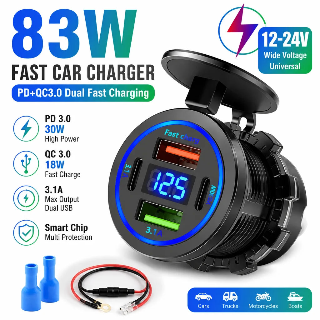 שקע טעינה לרכב 83W עם USB‑C, USB ומד מתח